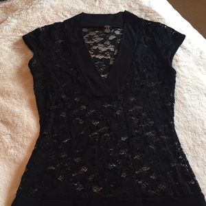 V-Neck Small Black Lace Short Sleeve Top